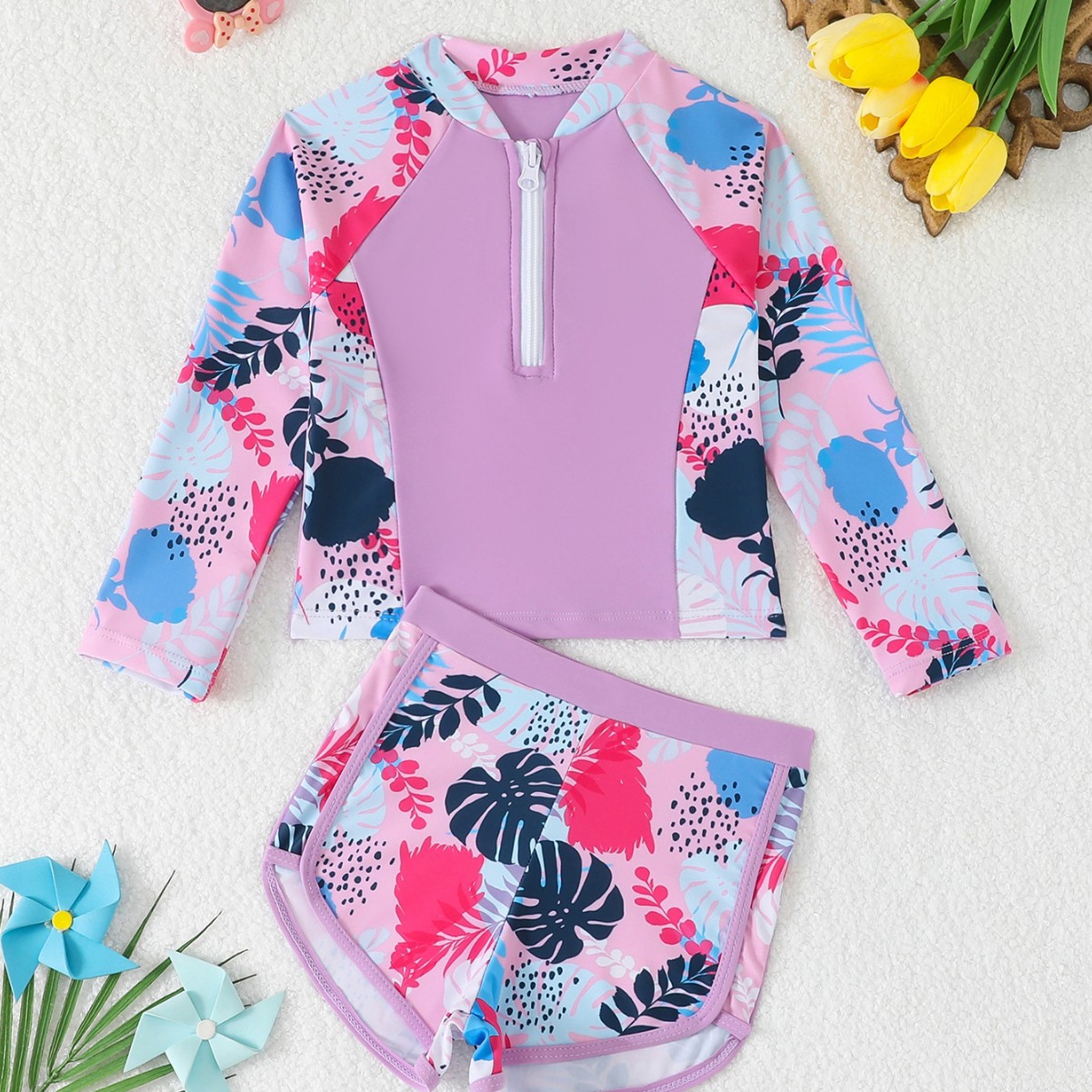 Rash Guard - Girls Leaf Print 2 Piece Rash