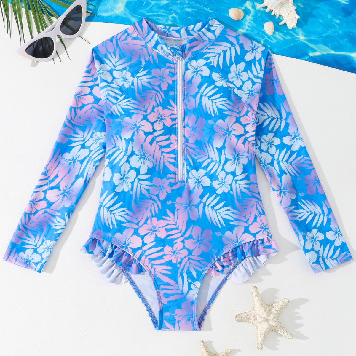 Rash Guard - Girls Gradient Hibiscus Print Long Sleeve